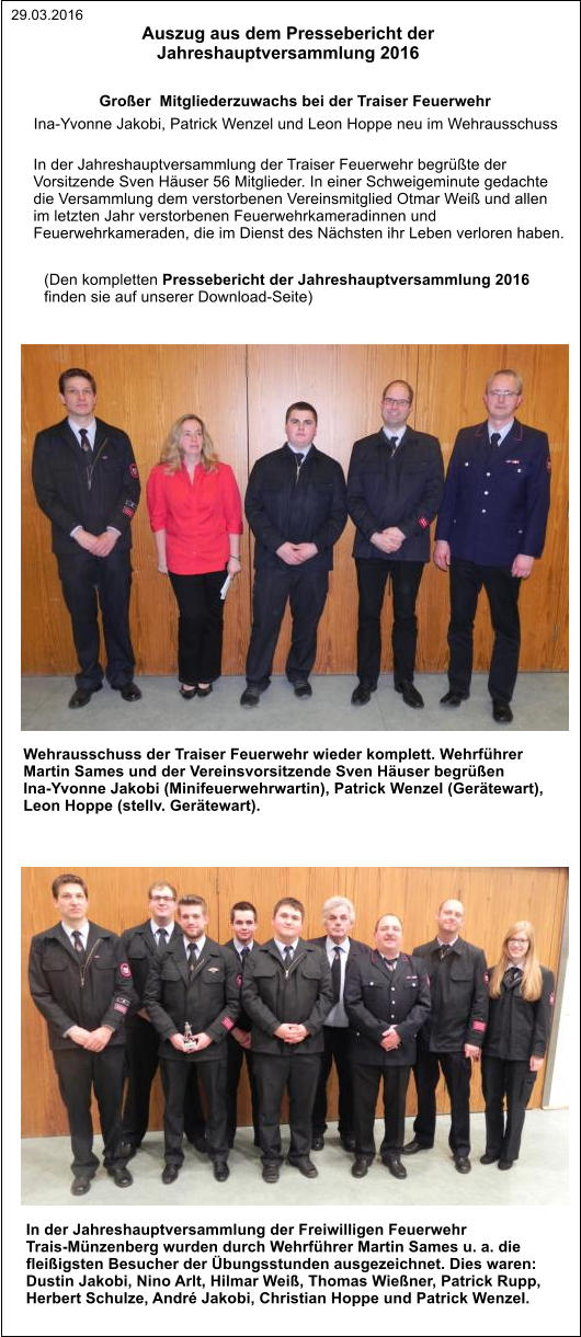 Auszug aus dem Pressebericht der  Jahreshauptversammlung 2016  29.03.2016  Großer  Mitgliederzuwachs bei der Traiser Feuerwehr    Ina-Yvonne Jakobi, Patrick Wenzel und Leon Hoppe neu im Wehrausschuss    (Den kompletten Pressebericht der Jahreshauptversammlung 2016  finden sie auf unserer Download-Seite)  In der Jahreshauptversammlung der Traiser Feuerwehr begrüßte der  Vorsitzende Sven Häuser 56 Mitglieder. In einer Schweigeminute gedachte  die Versammlung dem verstorbenen Vereinsmitglied Otmar Weiß und allen   im letzten Jahr verstorbenen Feuerwehrkameradinnen und  Feuerwehrkameraden, die im Dienst des Nächsten ihr Leben verloren haben. Wehrausschuss der Traiser Feuerwehr wieder komplett. Wehrführer  Martin Sames und der Vereinsvorsitzende Sven Häuser begrüßen  Ina-Yvonne Jakobi (Minifeuerwehrwartin), Patrick Wenzel (Gerätewart),  Leon Hoppe (stellv. Gerätewart). In der Jahreshauptversammlung der Freiwilligen Feuerwehr  Trais-Münzenberg wurden durch Wehrführer Martin Sames u. a. die  fleißigsten Besucher der Übungsstunden ausgezeichnet. Dies waren:  Dustin Jakobi, Nino Arlt, Hilmar Weiß, Thomas Wießner, Patrick Rupp,  Herbert Schulze, André Jakobi, Christian Hoppe und Patrick Wenzel.